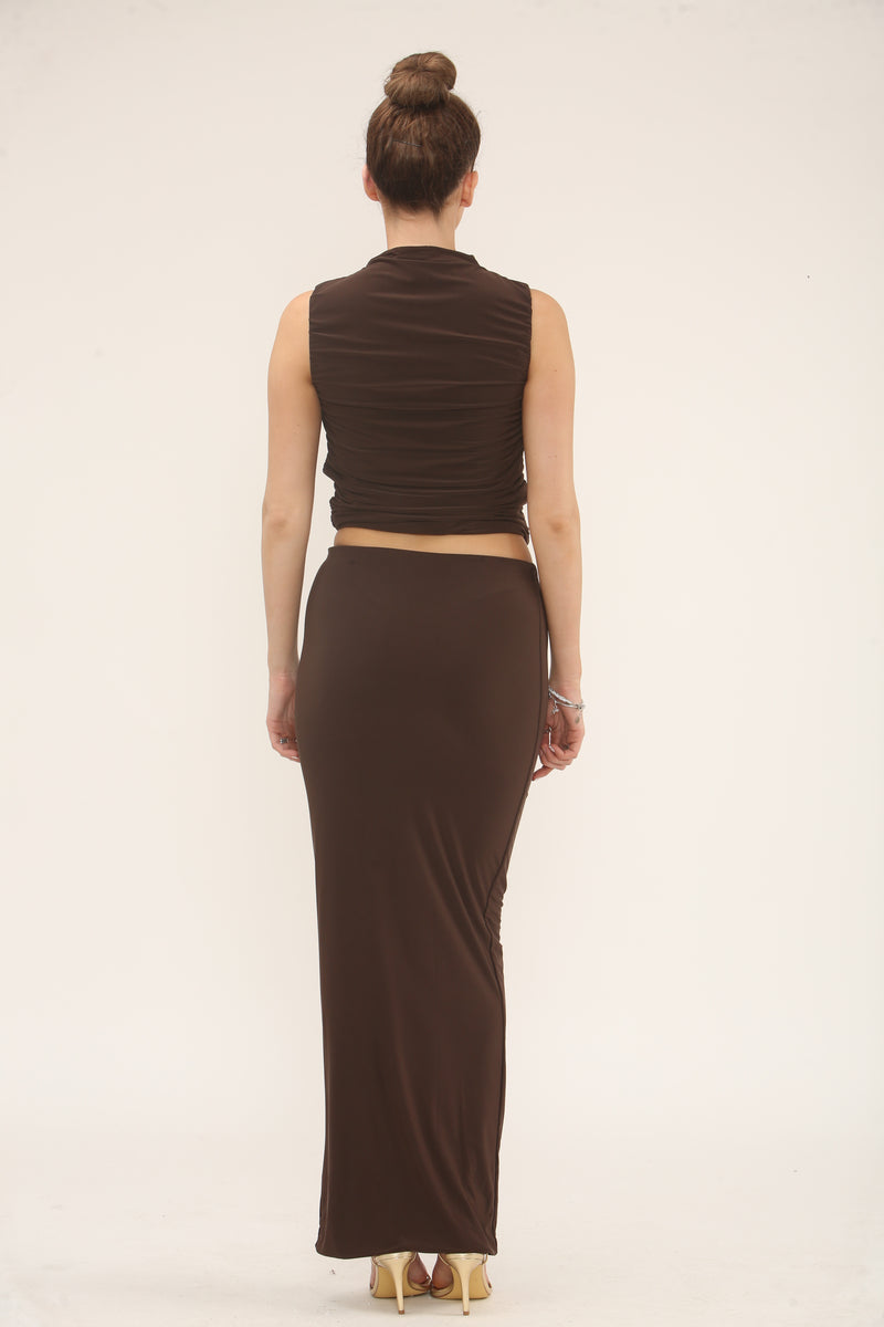 RUCHED TOP & MAXI SKIRT CO-ORD SET | CHOCOLATE