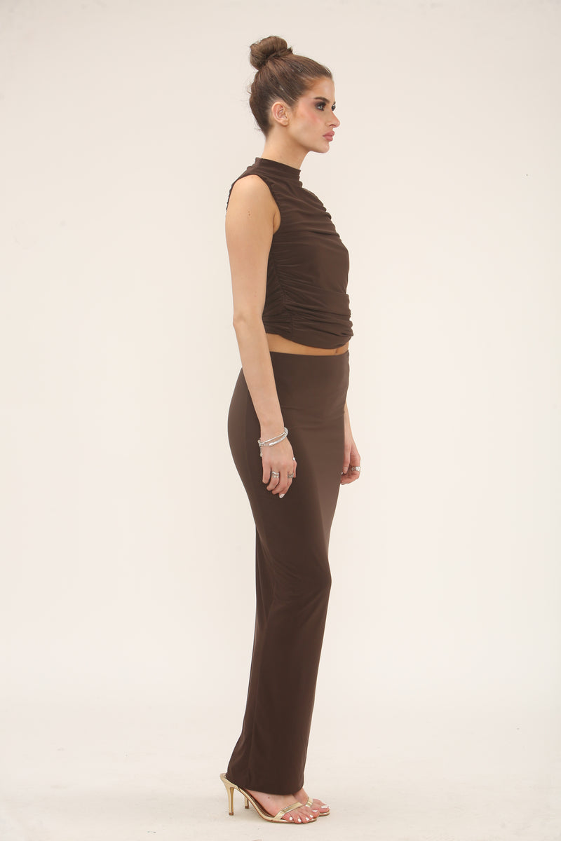 RUCHED TOP & MAXI SKIRT CO-ORD SET | CHOCOLATE