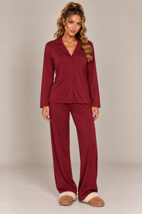 BUTTON DOWN LONG SLEEVE SHIRT & WIDE LEG PJ SET | BURGUNDY
