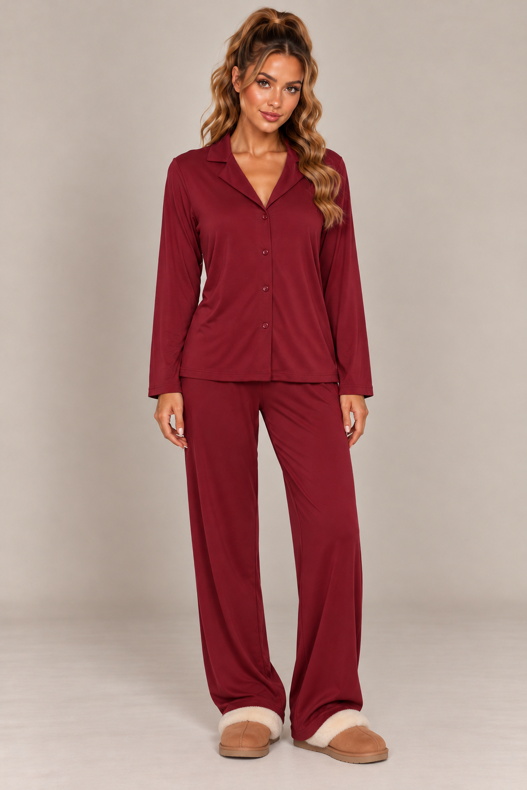 BUTTON DOWN LONG SLEEVE SHIRT & WIDE LEG PJ SET | BURGUNDY