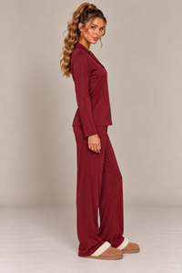 BUTTON DOWN LONG SLEEVE SHIRT & WIDE LEG PJ SET | BURGUNDY