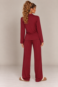 BUTTON DOWN LONG SLEEVE SHIRT & WIDE LEG PJ SET | BURGUNDY