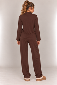 BUTTON DOWN LONG SLEEVE SHIRT & WIDE LEG PJ SET | Chocolate