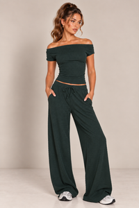 BARDOT TOP & WIDE LEG TROUSER CO-ORD  | EMERALD GREEN