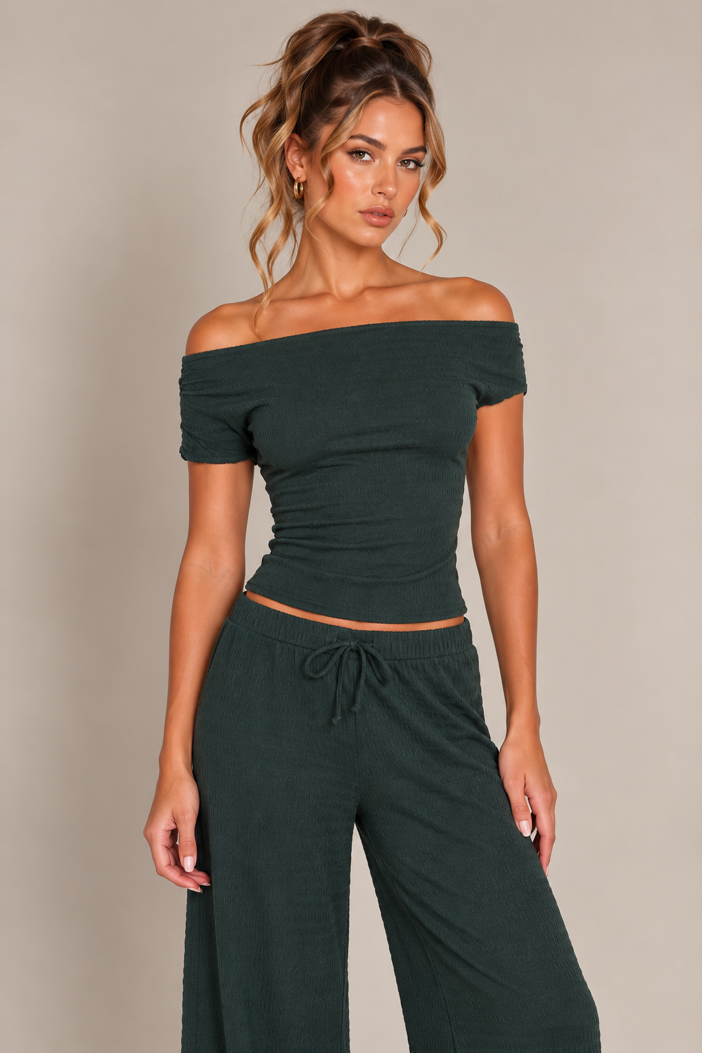 BARDOT TOP & WIDE LEG TROUSER CO-ORD  | EMERALD GREEN