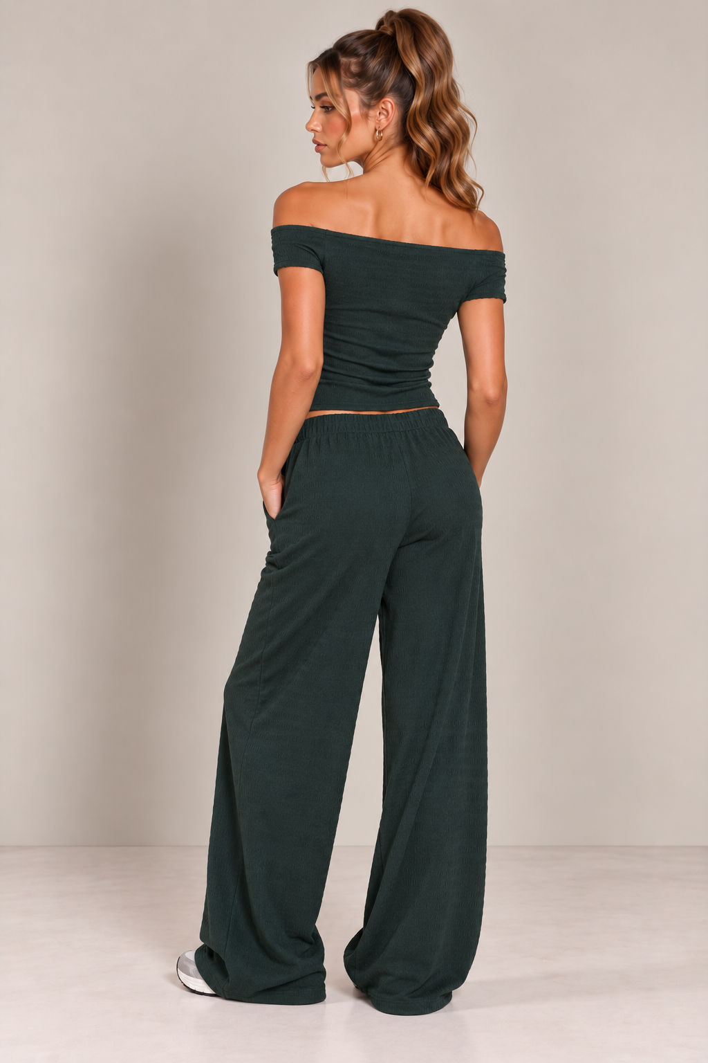 BARDOT TOP & WIDE LEG TROUSER CO-ORD  | EMERALD GREEN