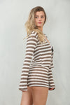 MONOCHROME STRIPED TIE FRONT TOP & HOT PANTS SET | CHOCOLATE & CREAM