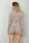 MONOCHROME STRIPED TIE FRONT TOP & HOT PANTS SET | CHOCOLATE & CREAM