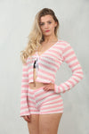 MONOCHROME STRIPED TIE FRONT TOP & HOT PANTS SET | PINK & CREAM