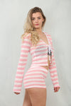 MONOCHROME STRIPED TIE FRONT TOP & HOT PANTS SET | PINK & CREAM