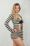 MONOCHROME STRIPED TIE FRONT TOP & HOT PANTS SET | BLACK & CREAM