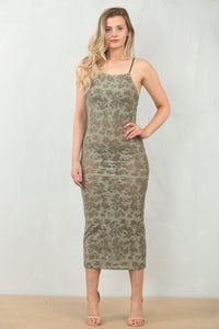 BURNTOUT MESH MIDI DRESS | KHAKI