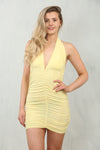 DEEP PLUNGE HALTERNECK RUCHED MINI DRESS | BUTTER YELLOW