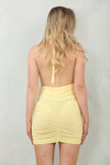 DEEP PLUNGE HALTERNECK RUCHED MINI DRESS | BUTTER YELLOW