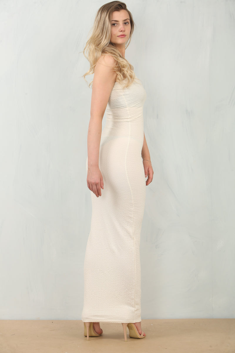 POPCORN TEXTURED ONE SHOULDER MAXI DRESS | CREAM