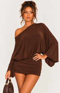 CAPE ASYMMETRIC MINI DRESS  | CHOCOLATE