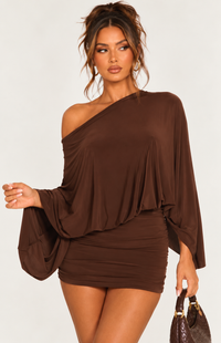 CAPE ASYMMETRIC MINI DRESS  | CHOCOLATE