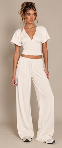 PLUNGE TOP & WIDE LEG TROUSER CO-ORD  | CREAM