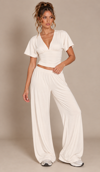 PLUNGE TOP & WIDE LEG TROUSER CO-ORD  | CREAM