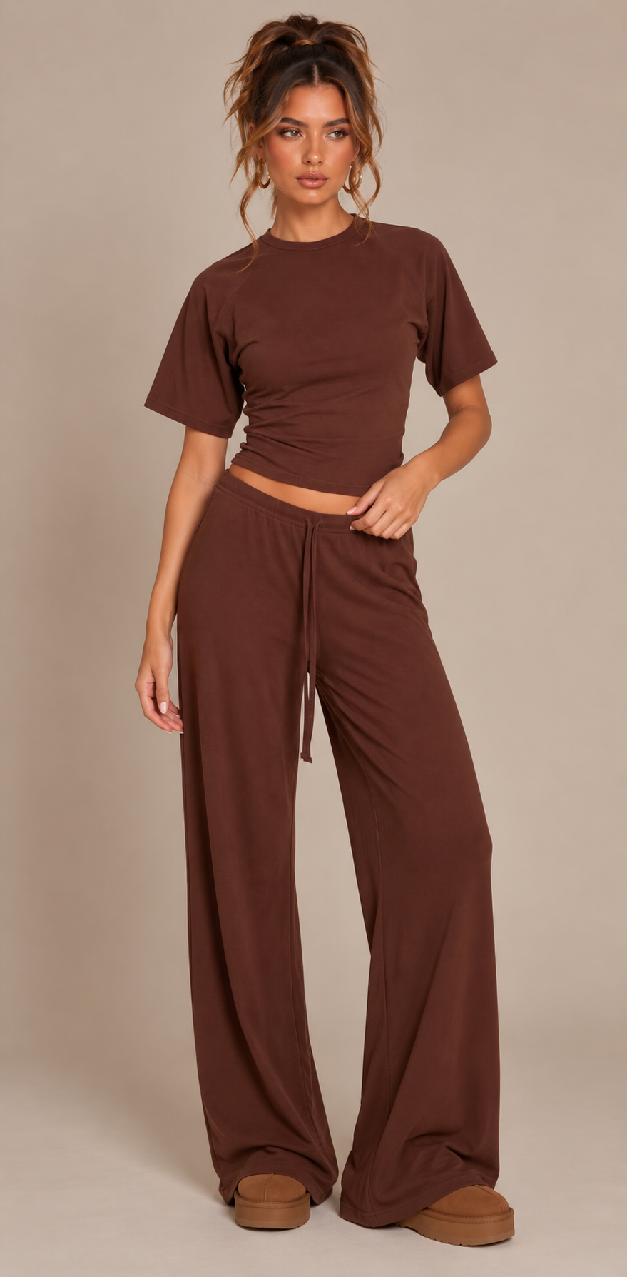 FITTED TOP & WIDE LEG TROUSER CO-ORD  | CHOCOLATE