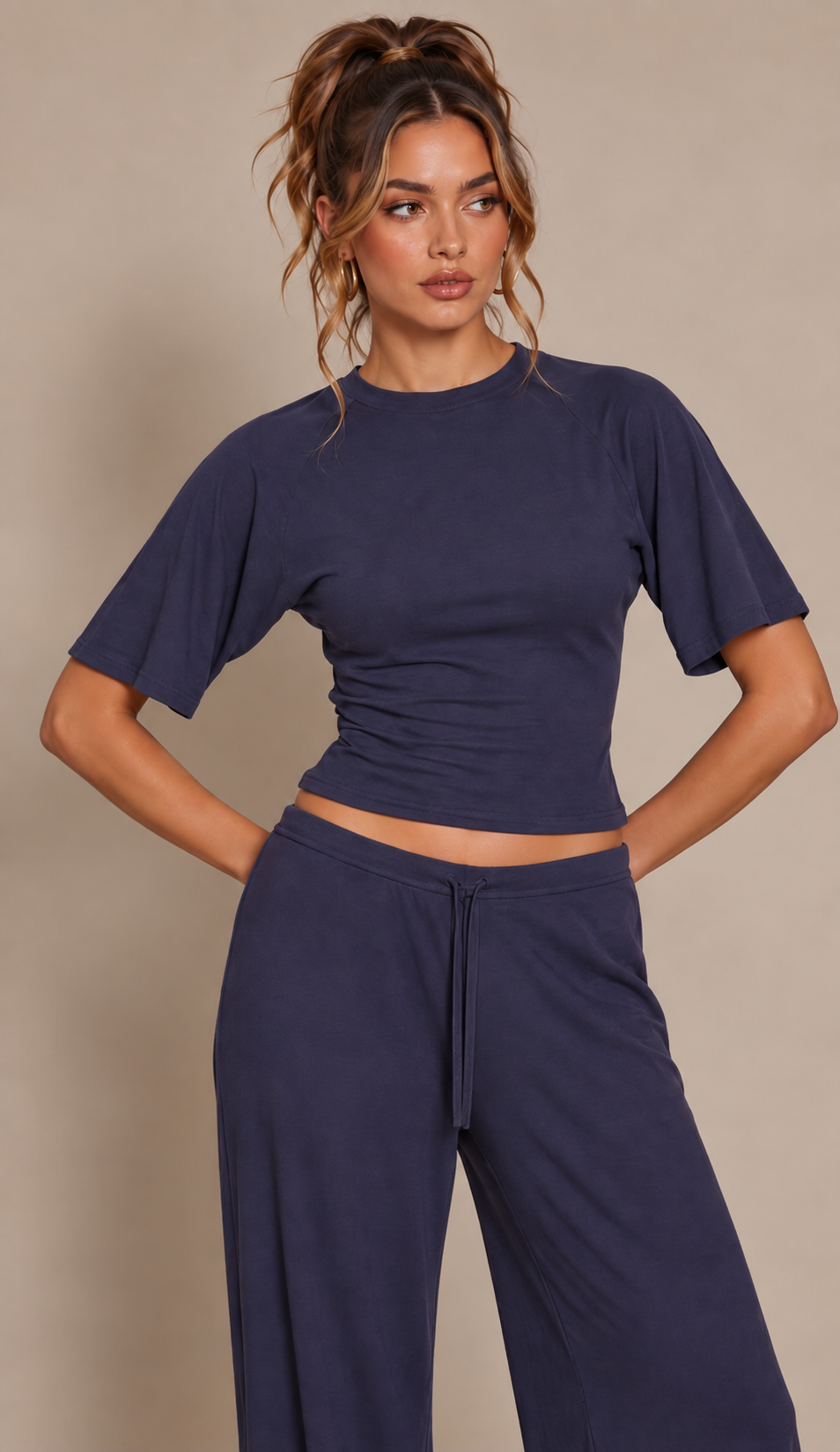 FITTED TOP & WIDE LEG TROUSER CO-ORD  | NAVY