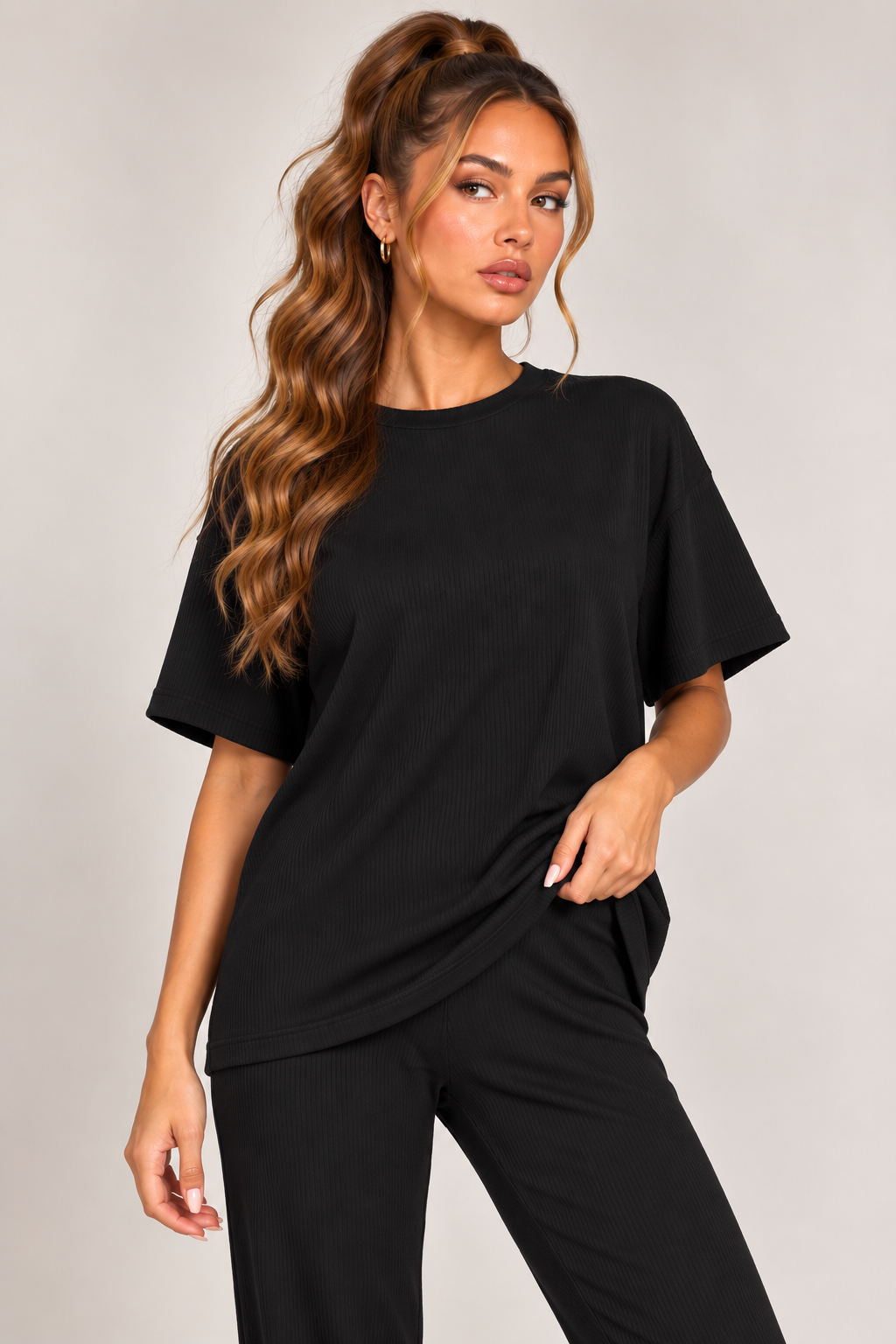 OVERSIZED T-SHIRT  & WIDE LEG TROUSER CO-ORD  | BLACK