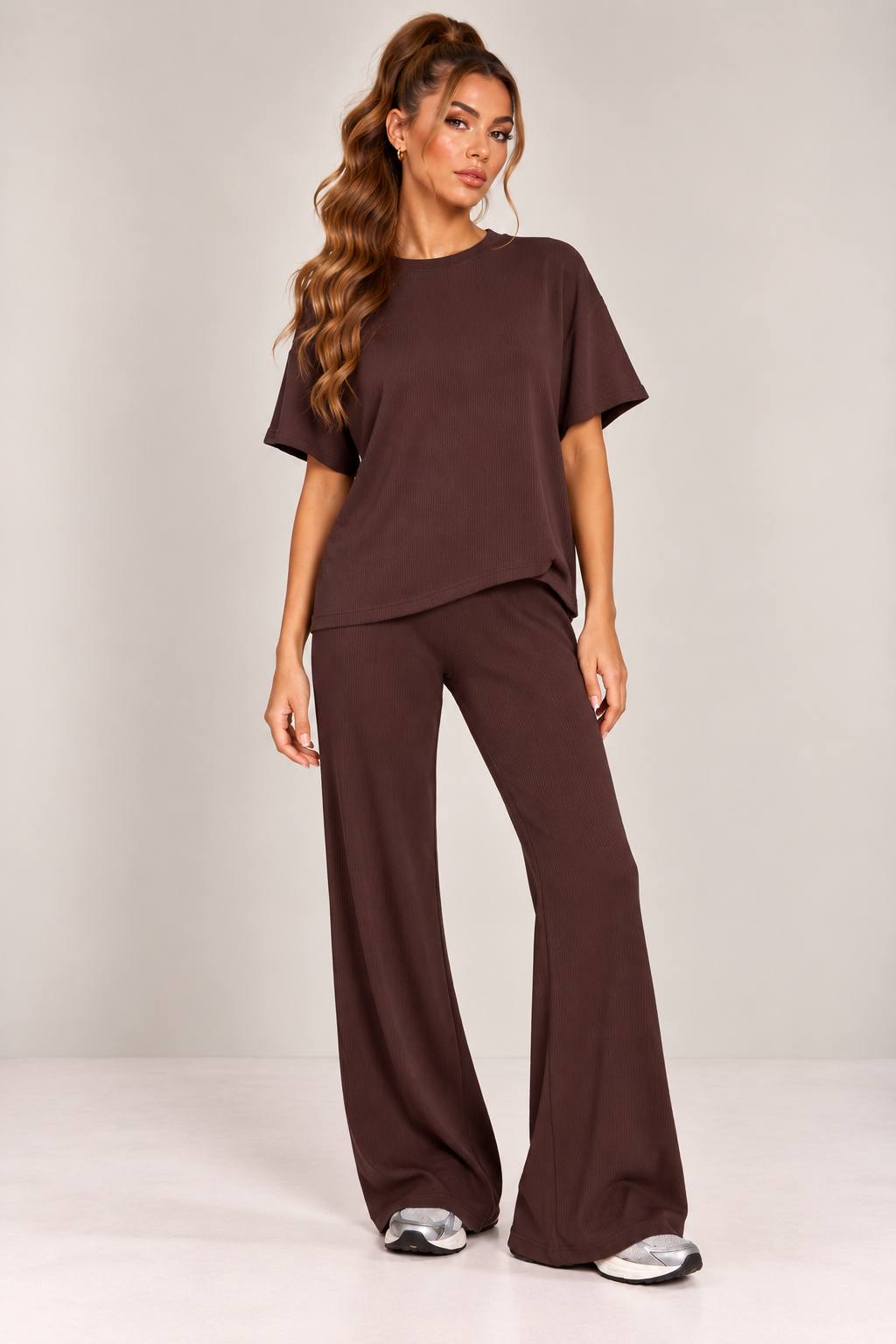 OVERSIZED T-SHIRT  & WIDE LEG TROUSER CO-ORD  | CHOCOLATE