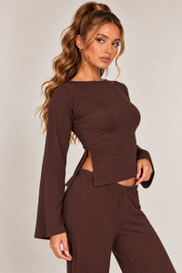 LONG SLEEVE SIDE SPLIT TOP & WIDE LEG TROUSER CO-ORD  | CHOCOLATE