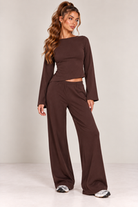 LONG SLEEVE SIDE SPLIT TOP & WIDE LEG TROUSER CO-ORD  | CHOCOLATE
