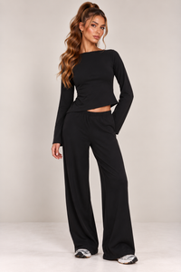 LONG SLEEVE SIDE SPLIT TOP & WIDE LEG TROUSER CO-ORD  | BLACK